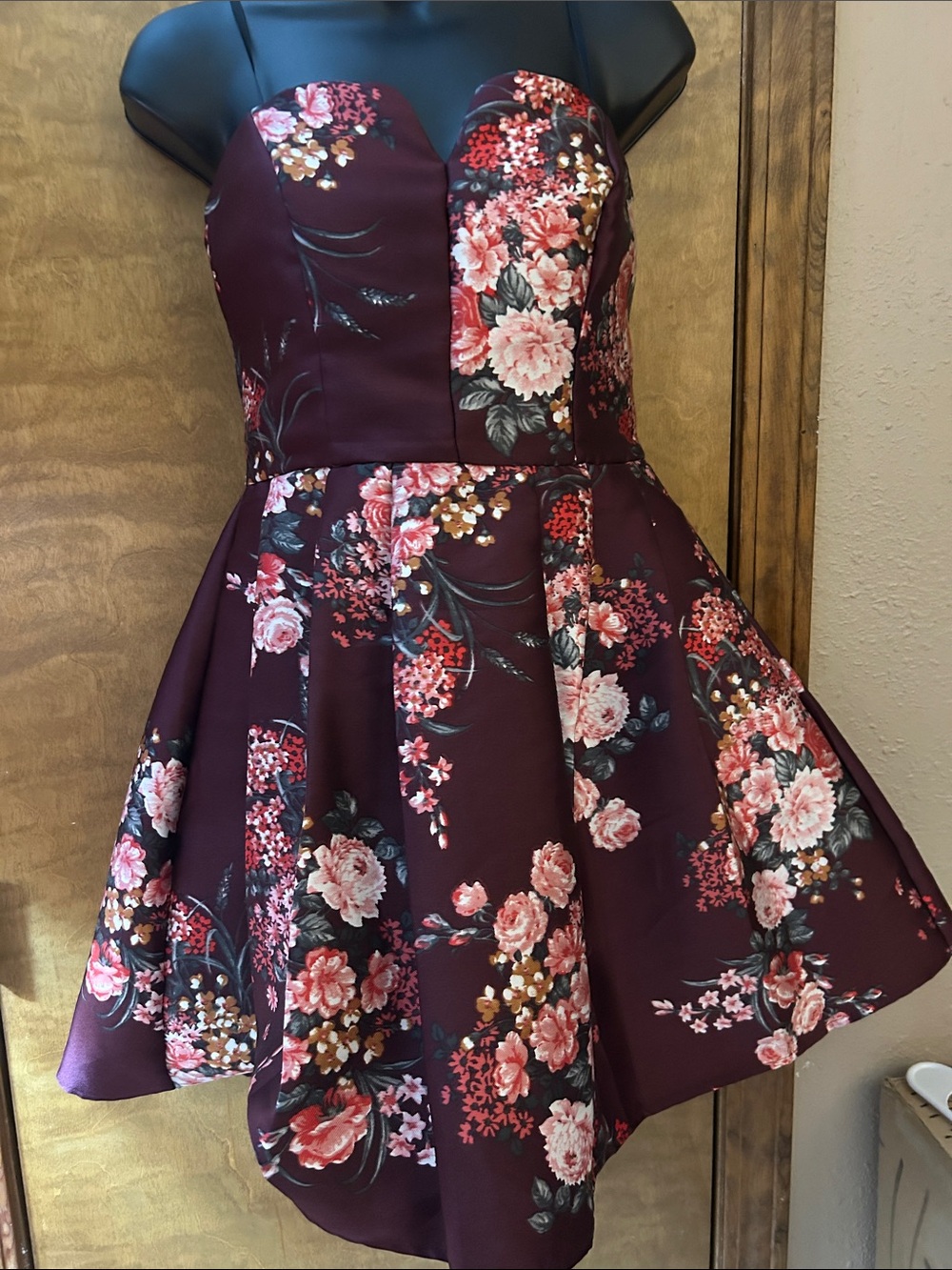Burgundy Floral Strapless Homecoming Dress